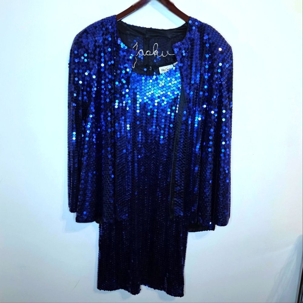 Oleg Cassini Vintage Blue Sequin Dress With Jacket Size 6